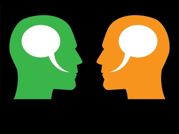 stylized graphic of two heads facing each other one green the other orange both heads containing white speech bubbles between the space of the mouth and brainpan