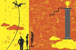 stylized drawing of woman pole vaulting across gap to get trophy